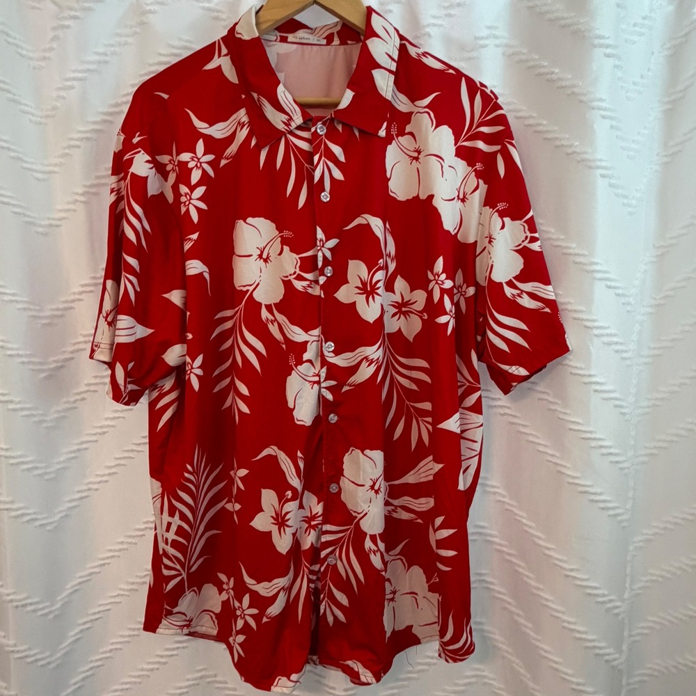 Fashion Mens XL Red White Tropical Hibiscus Floral Hawaiian Button Down Shirt